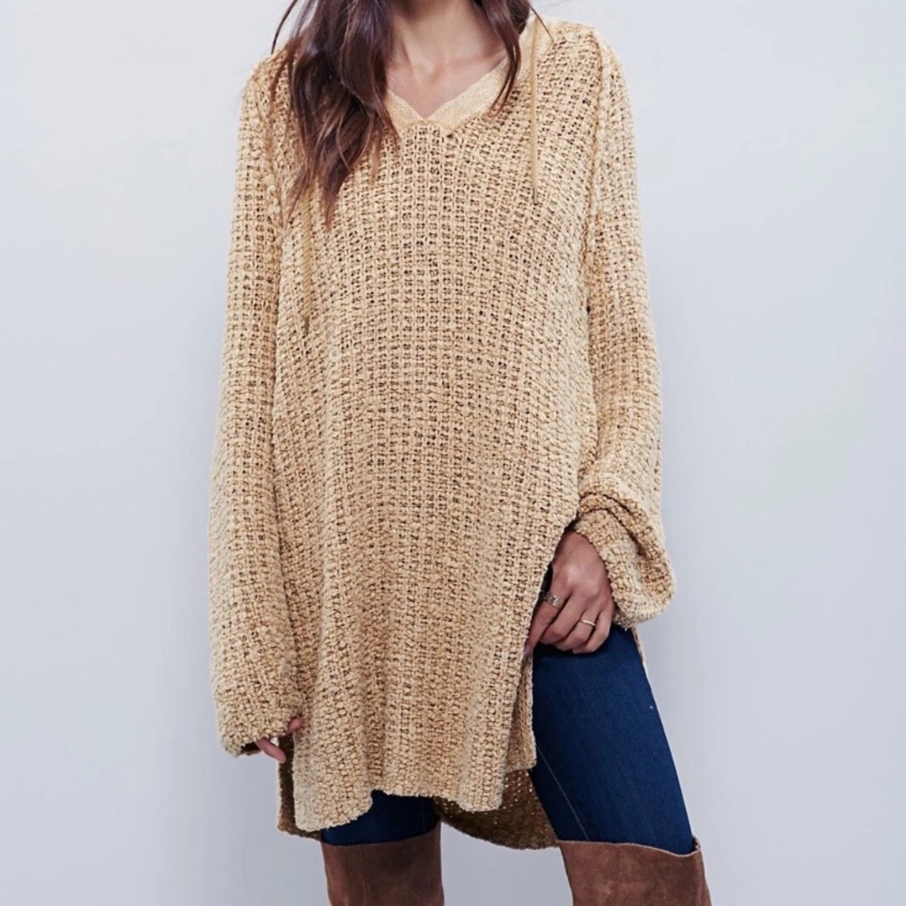 free people Underground Gold Chunky Crochet Linen Blend Tunic Hooded Sweater S